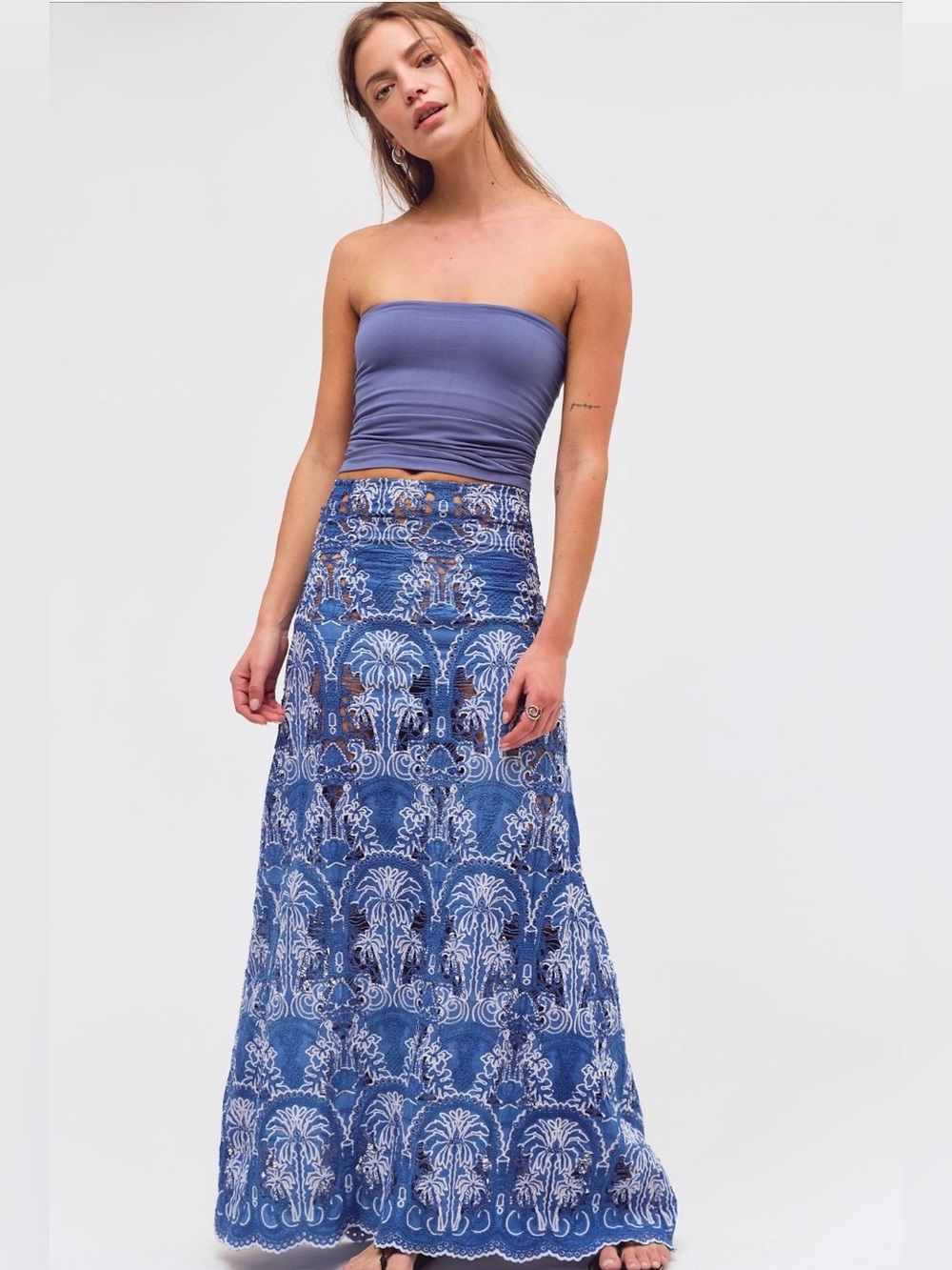Free People The Farra Fina Dyed  Embroidered Maxi Skirt 💯 Cotton